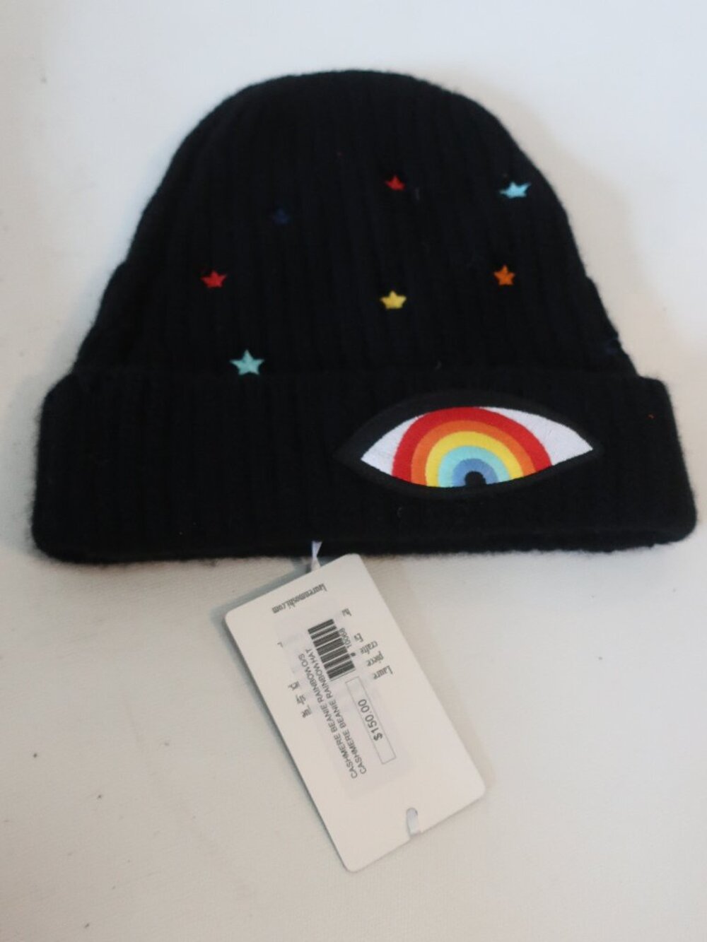 NWT Lauren Moshi Black Rainbow Eye Star Ribbed Pure Cashmere Beanie Hat OS